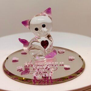 Glass Baron Pink Cat Figurine w/ Heart Crystal on Mirror Base